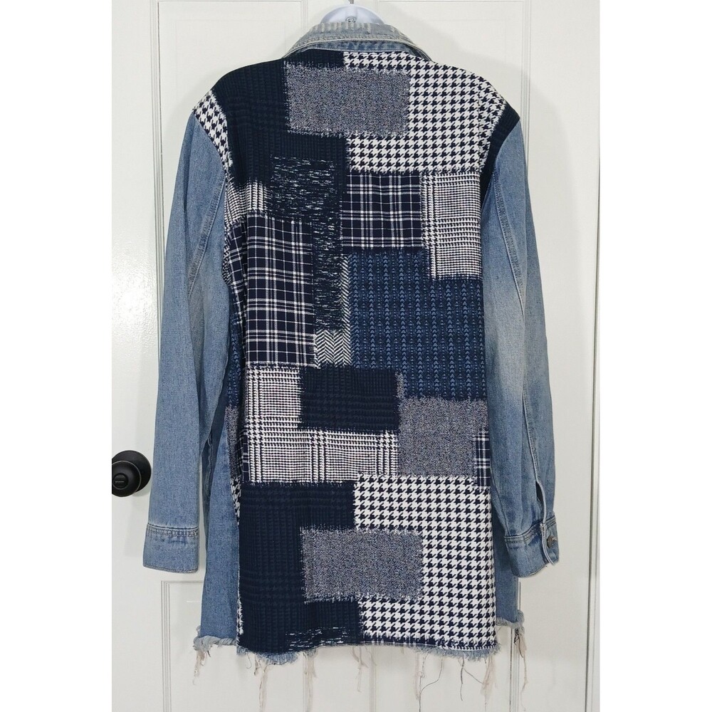 BKE Distressed Denim Patchwork Shacket Jacket Women’s Large Boho Grunge Plaid